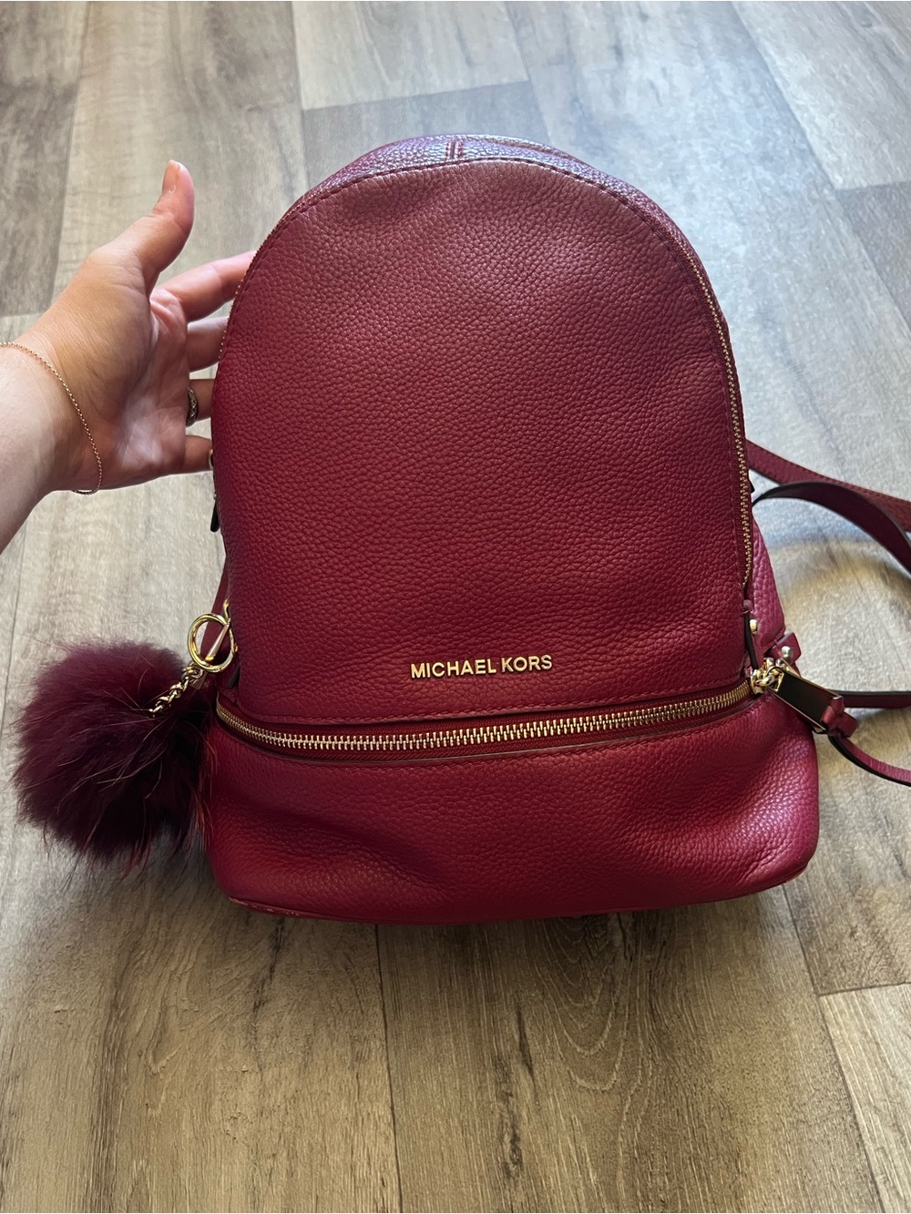 Michael Kors Rhea Zip Pebbled Leather Backpack Mulberry Burgundy Gold